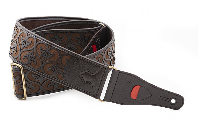 DELUXE Brown bass strap model DELUXE Brown surface relief reminiscent of old prints, cowboy boots